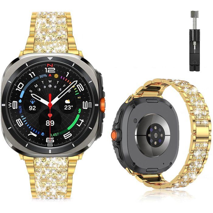 Stravo Bracelet Luxe métal pour Samsung Galaxy Watch Ultra / Ultra 2025 – Acier inoxydable avec strass – Ajustable avec kit – Or