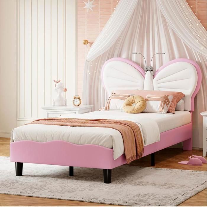 Lit Enfant 90×190 cm avec lampe de lecture ADWOLT Lit fille avec Tête de lit réglable en forme de papillon tissu en velours Rose