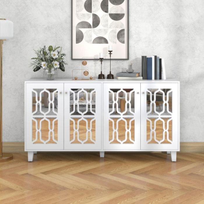 Buffet rangement blanc laqué avec portes miroir et poignées cristal 4 portes pour salon et salle à manger 160x40x84cm
