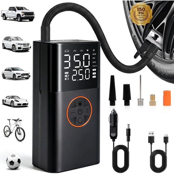 pompe à vélo- Pompe à vélo électrique-Pompe à air électrique-150 PSI-Sans fil avec double alimentation et prise allume-cigare 12 V-5