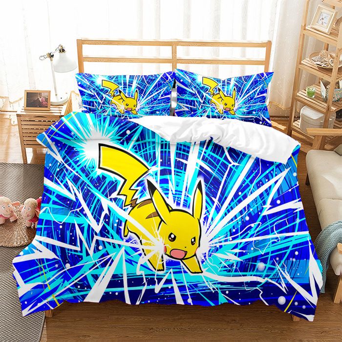 Housse de couette imprimée Pikachu 200x200cm 3D microfibre résistante parure de lit complète avec 2 taies d’oreiller 65x65cm