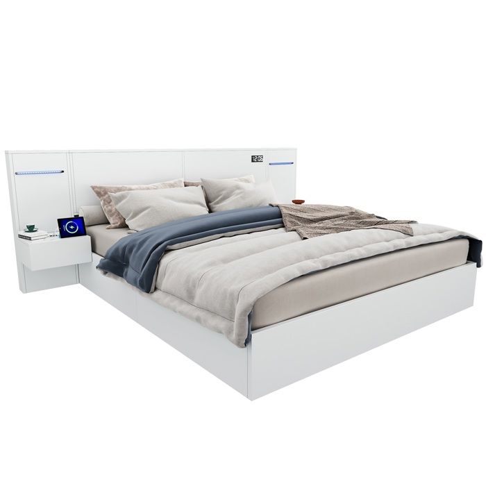 Lit Double 160x200cm-Bois-USB-Horloge-Enceinte Bluetooth-Bande LED-2 Tables Chevet-Blanc (sans Matelas) Lit Double 160x200cm-Bois-USB-Horloge-Enceinte Bluetooth-Bande LED-2 Tables Chevet-Blanc (sans Matelas)