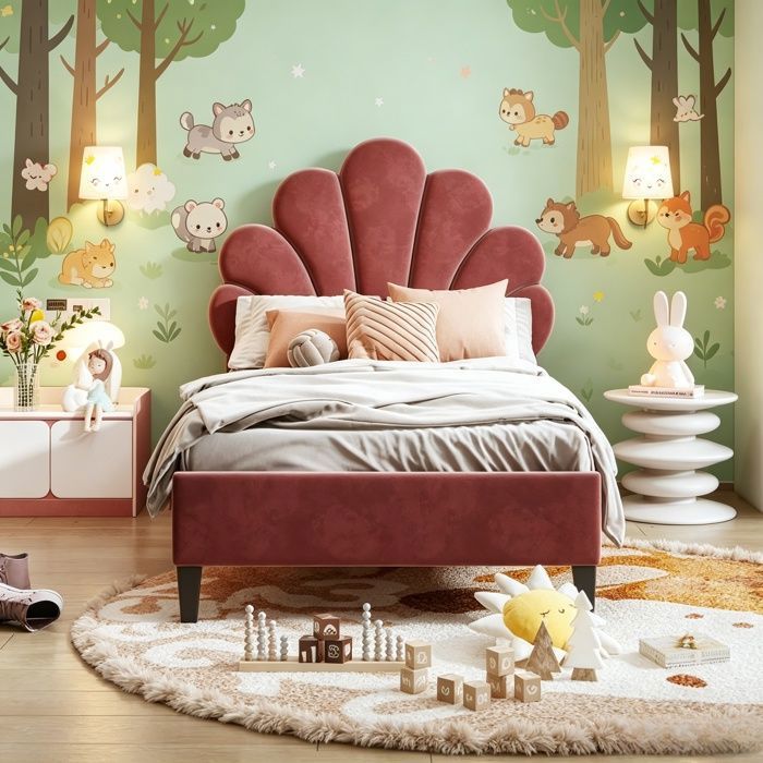 Lit Enfant 90x200 cmLit RembourréTête de lit réglableForme FleurLit pour filleAdolescentSommier à lattesveloursRouge
