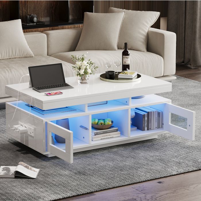 Table basse blanche brillante avec LED prise EU USB et rangements intégrés