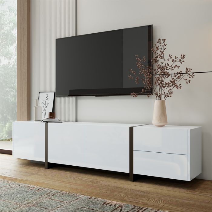 Meuble TV blanc laqué noir avec portes et tiroirs sobres