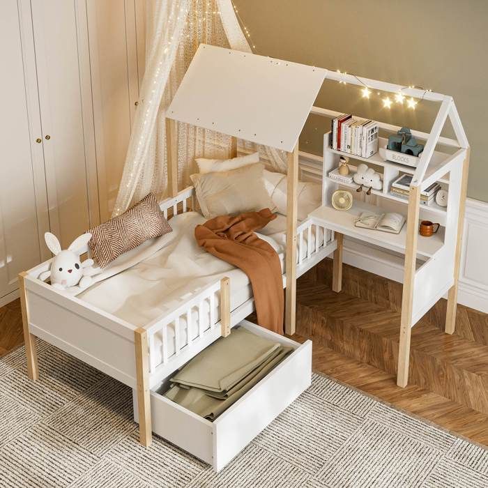 Lit enfant 90x200 cm - LEMONBEST - Lit Cabane - Bois massif - Bureau en L avec étagère - Tiroirs à roulettes
