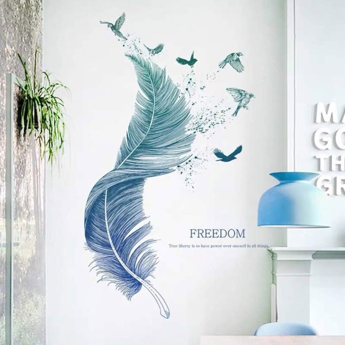 Autocollant mural PLUME en bleu I images murales : 72x124 cm I tatouage mural moderne