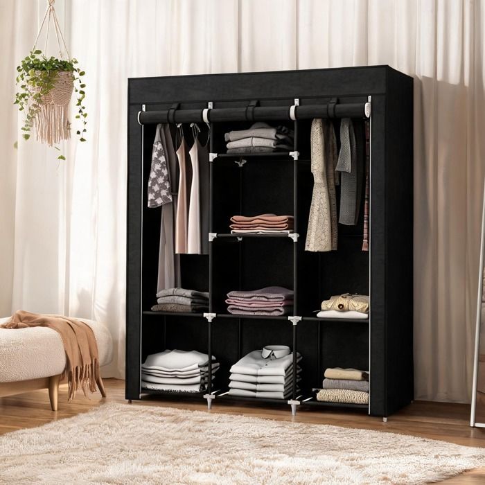 Dressing dappoint en tissu black-toned 125x43x1625 cm – 8 étagères et 2 penderies gain de place pour chambre ou entrée