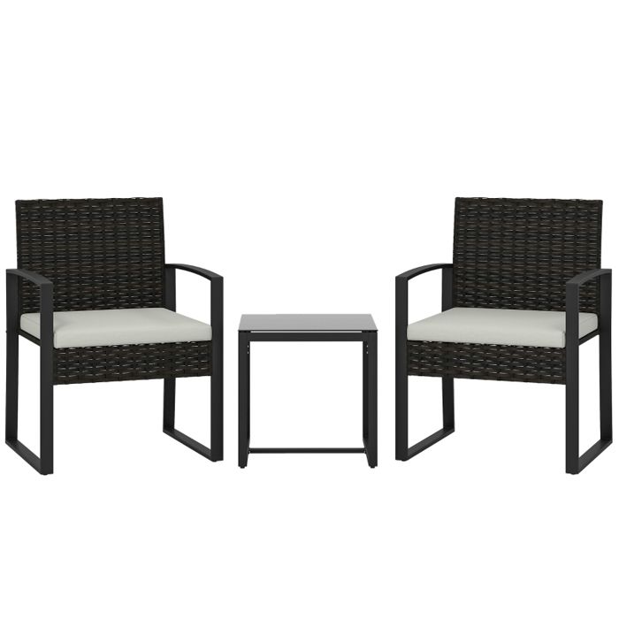 Ensemble de jardin en rotin - 3 pièces - 2 chaises - Table basse - Coussins amovibles - Gris crème - Acier et rotin