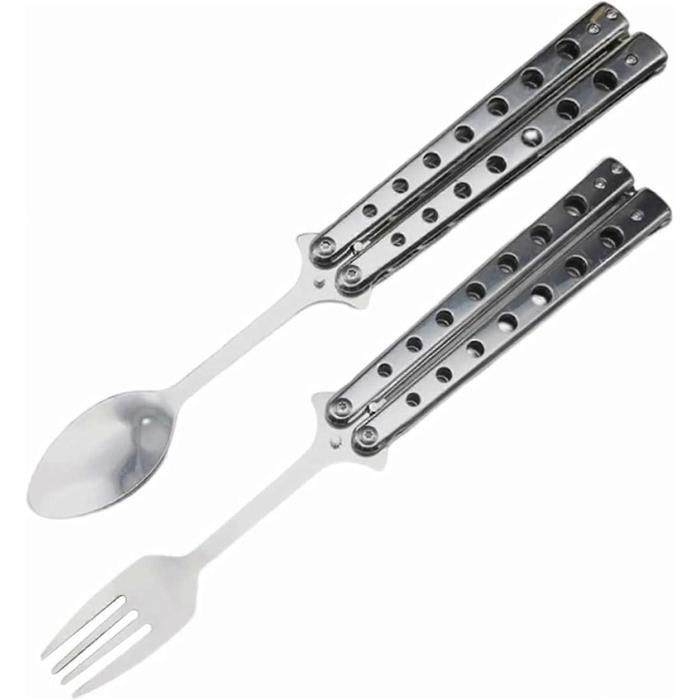 Ensemble fourchette et cuillère papillon ensemble de couverts pliables 2 pièces en acier inoxydable.