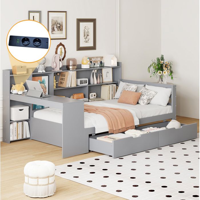 Lit combiné 90 x 200 cm en bois gris avec bureau intégré bibliothèque étagères 2 tiroirs et prise USB