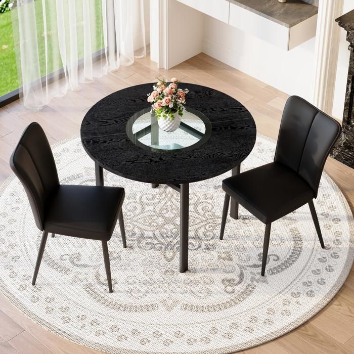 Ensemble table ronde aspect noir salon 2 fauteuils PU noir pied métal design moderne séjour repas 100x100x76cm 45x42.5x89cm Ensemble table ronde aspect noir salon 2 fauteuils PU noir pied métal design moderne séjour repas 100x100x76cm 45x42.5x89cm