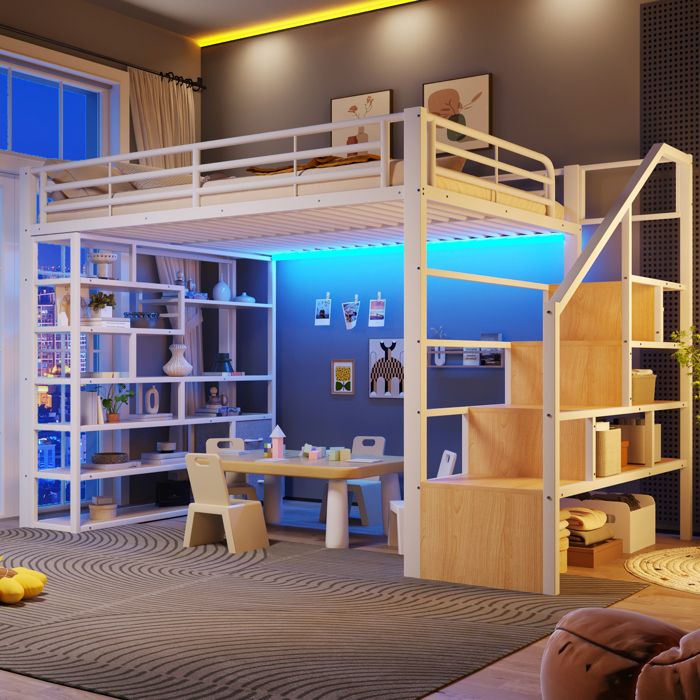 Lit mezzanine enfant - 140x200 cm - Cadre en fer et MDF - Étagères intégrées - Tiroirs en tissu - Bande LED multicolore