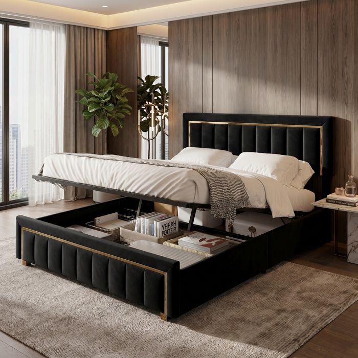 Lit coffre 160x200cm - RWUDV - Lit double 160x200 cm avec sommier-Lit adulte avec rangement hydraulique-Lit Deux Places-Velours noir