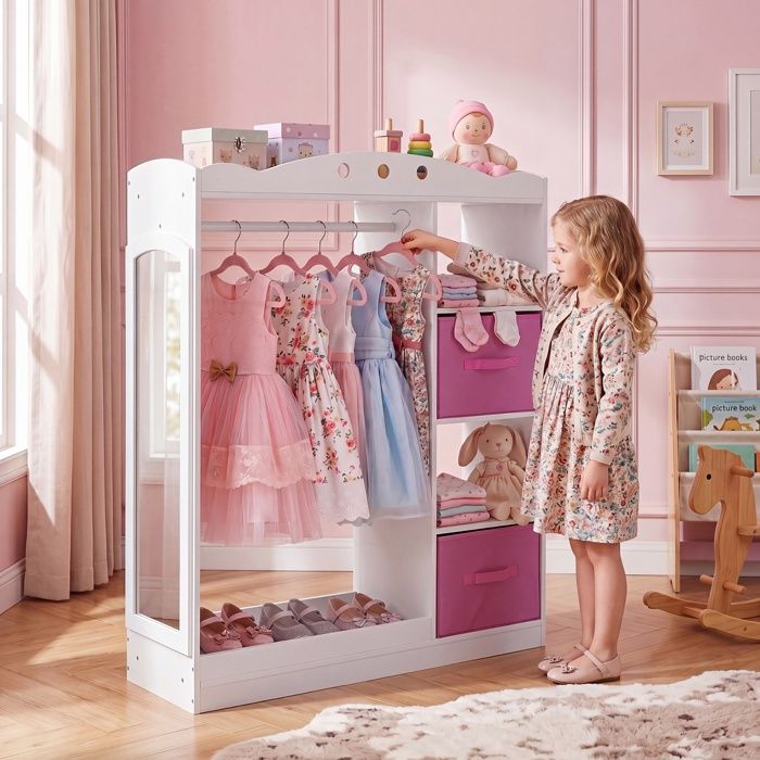 Portant a Vêtements Enfant avec Miroir-COSTWAY-Penderie Ouverte avec Tringle Étagères 2 Tiroirs Garde-Robe 90x30x111 5CM Blanc