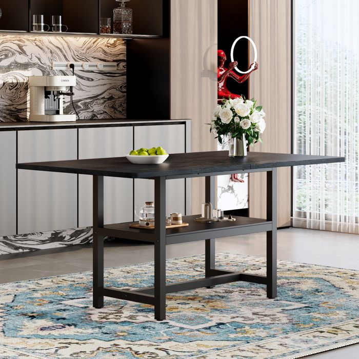 Table à manger rectangulaire 160 x 90 cm style industriel noir avec étagère intégrée 4 à 6 personnes ORVRYN