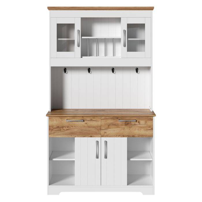 Buffet de cuisine 106 cm avec vitrines 2 tiroirs portes et crochets meuble de rangement moderne Buffet de cuisine 106 cm avec vitrines 2 tiroirs portes et crochets meuble de rangement moderne