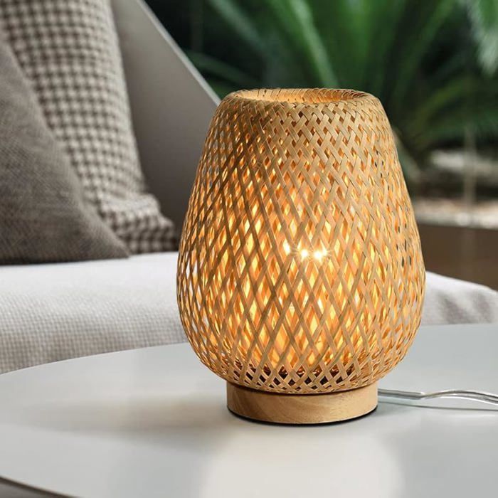 Lampe de chevet avec abat jour double couche en bambou Base en bois Lampe de chambre à coucher décorative faite à mai LAMPE A POSER