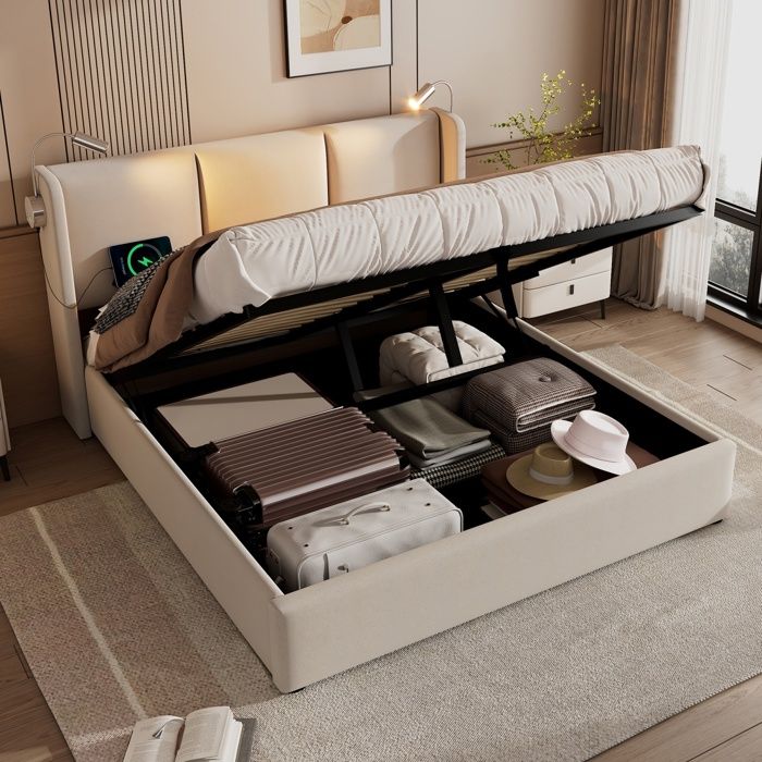Lit capitonné 140x200 cm Lit coffre Lit double avec hydraulique LED USB - Beige