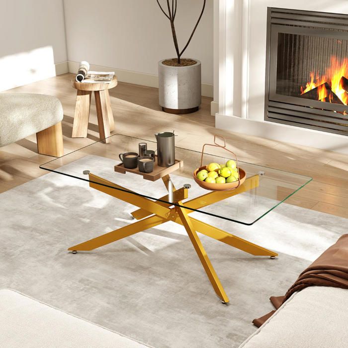 Plateau en verre trempé table basse rectangulaire avec pieds métalliques croisés pour salon ou bureau