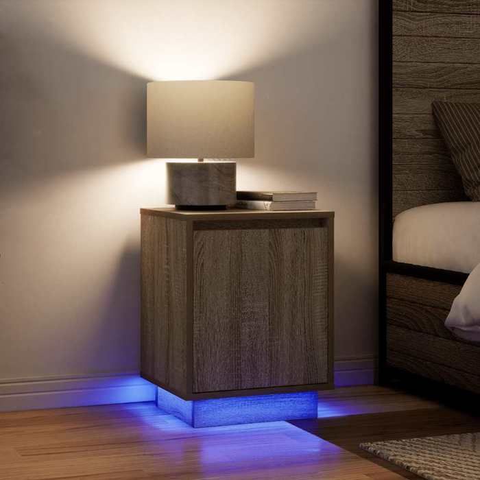 Cabinet de Lit Moderne Noir Table de chevet/nuit avec rangement avec lumières LED chêne sonoma 38x34x50 cm CC4247