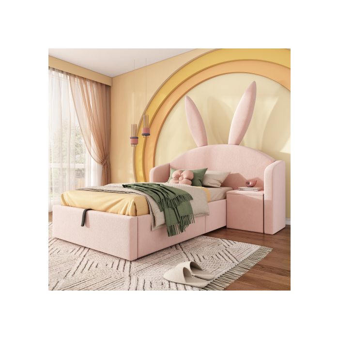 Lit Rembourré Enfant - WESTYLE - Oreilles de Lapin - 90x200 cm - Velours rose - Coffre de rangement hydraulique