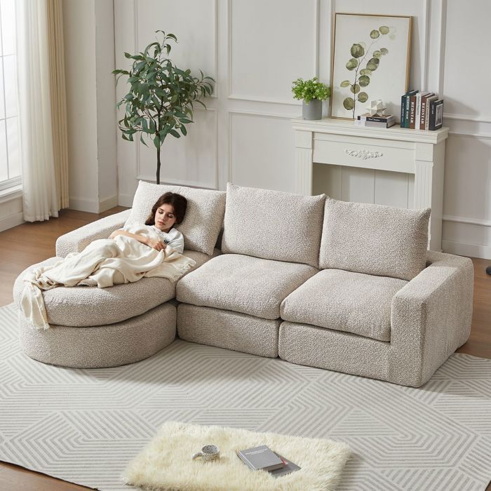Canapé Modulable revêtement chenille éléments courbés méridienne mousse compressée