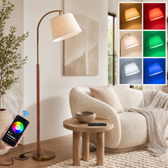 Lampadaire salon bois massif noyer lampe sur pied LED RGB CCT avec télécommande et appli