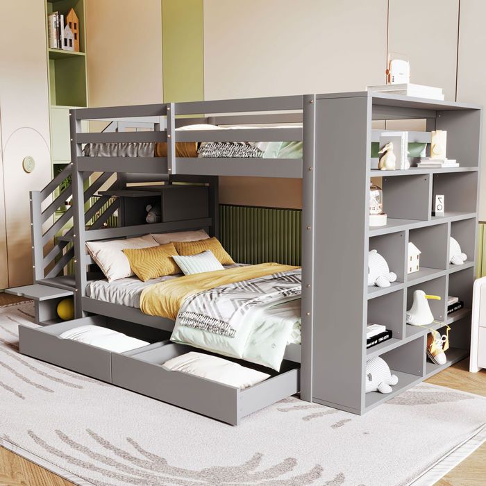 Lit superposé enfant 90×200 cm escalier avec rangement 2 tiroirs et grand rangement - BEAUNIV - sans matelas bois - gris