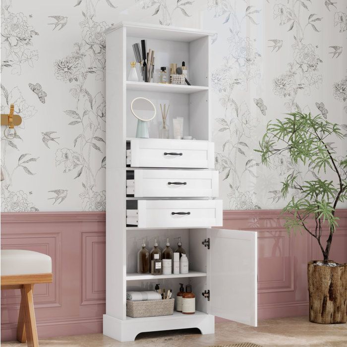 Meuble colonne salle de bain blanc 56 x 256 x 167 cm 3 tiroirs étagères ouvertes compartiment avec porte MDF laqué VEVXYN