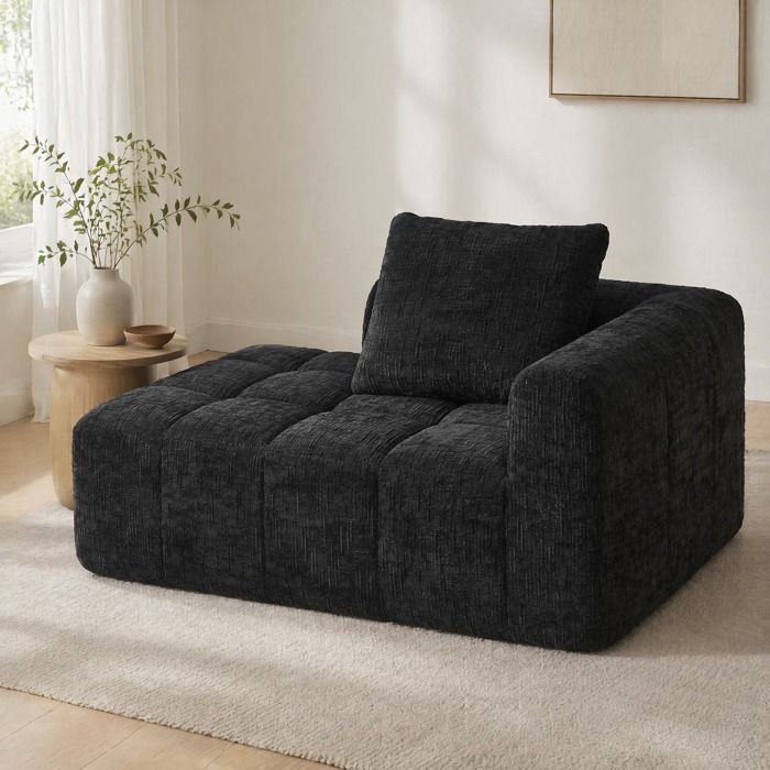Canapé chaise longue 1 place sans montage avec poches latérales et coussin - MODENVIE - chenille noir