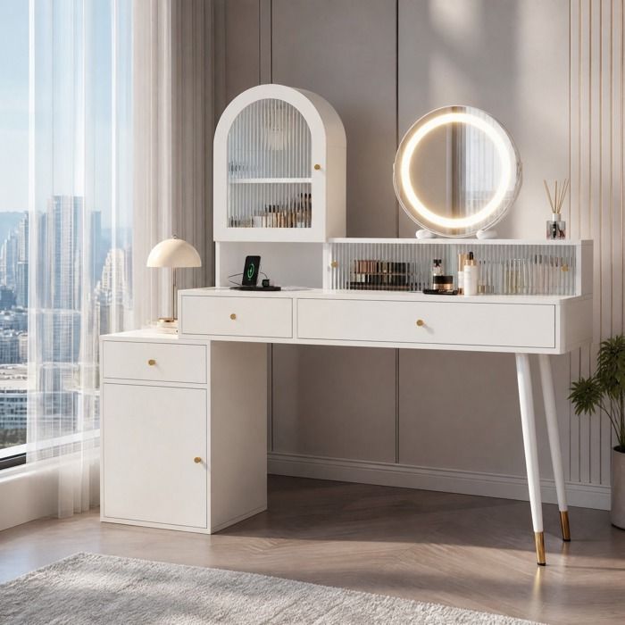 Coiffeuse miroir LED USB Type-C 2 prises avec 3 tiroirs et plateau en verre blanc L modulable JOINERY