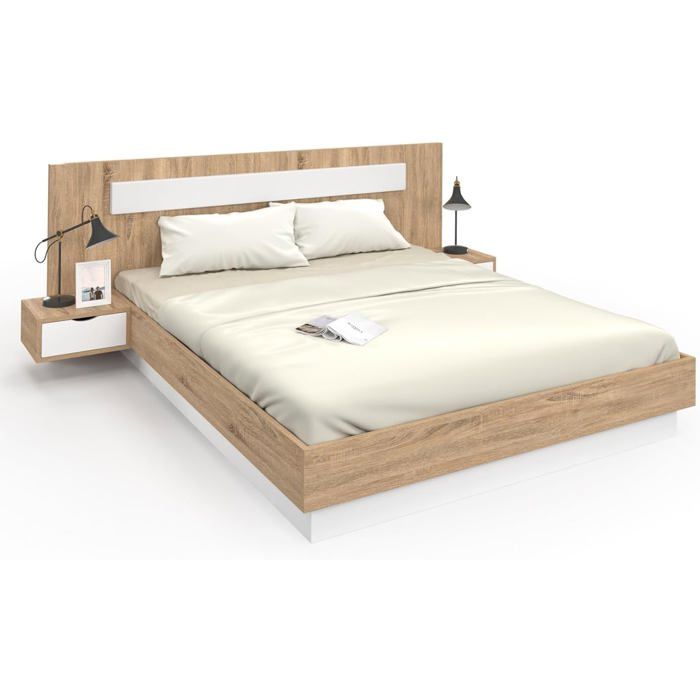 IDMarket Lit Double 160x200 cm avec Tête de Lit Tables de Chevet Intégrées et Sommier Bois et Blanc