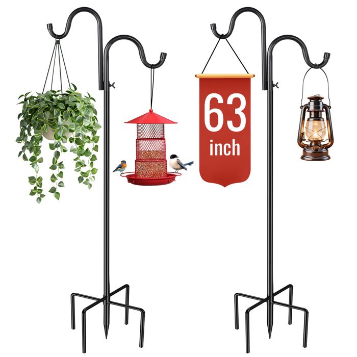 2pcs Poteau Berger de Jardin Extérieur avec 2 Crochets en Fer Robuste pour Mangeoire à Oiseaux Colibris Lanterne Carillon à Vent