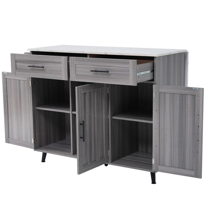 Buffet de cuisine îlot central avec plateau rabattable 2 tiroirs portes roulettes gris blanc MDF FOLYNA