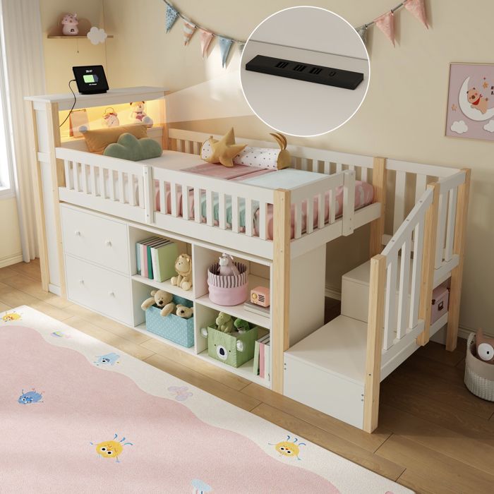 Lit enfant mi-hauteur 90x200 cm avec escalier rangement tiroirs étagères LED USB et USB-C pin et MDF coloris naturel