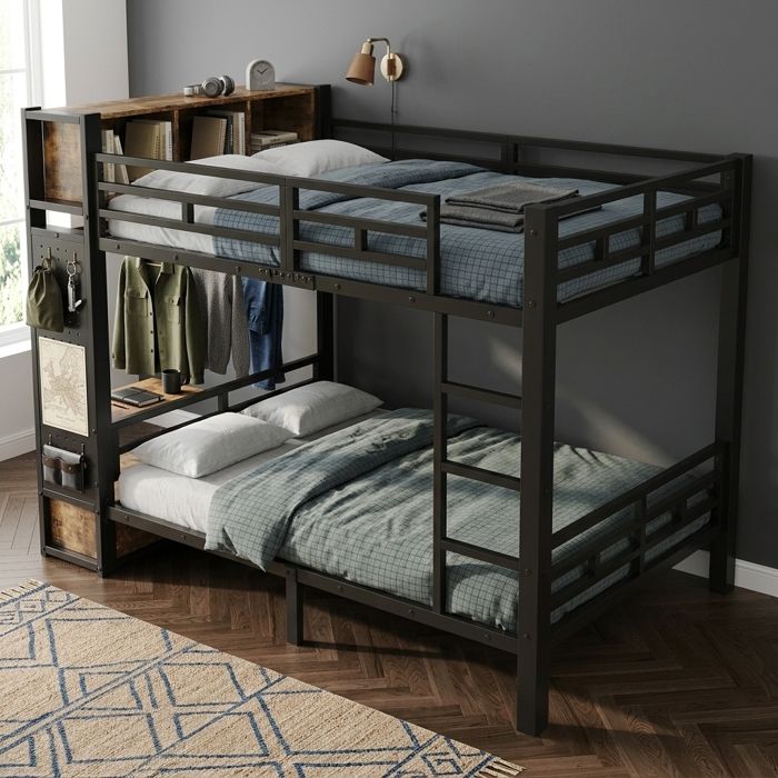 Lit superposé 120 x 200 cm rangement tiroirs étagères penderie velours noir sans matelas 120cm x 200cm
