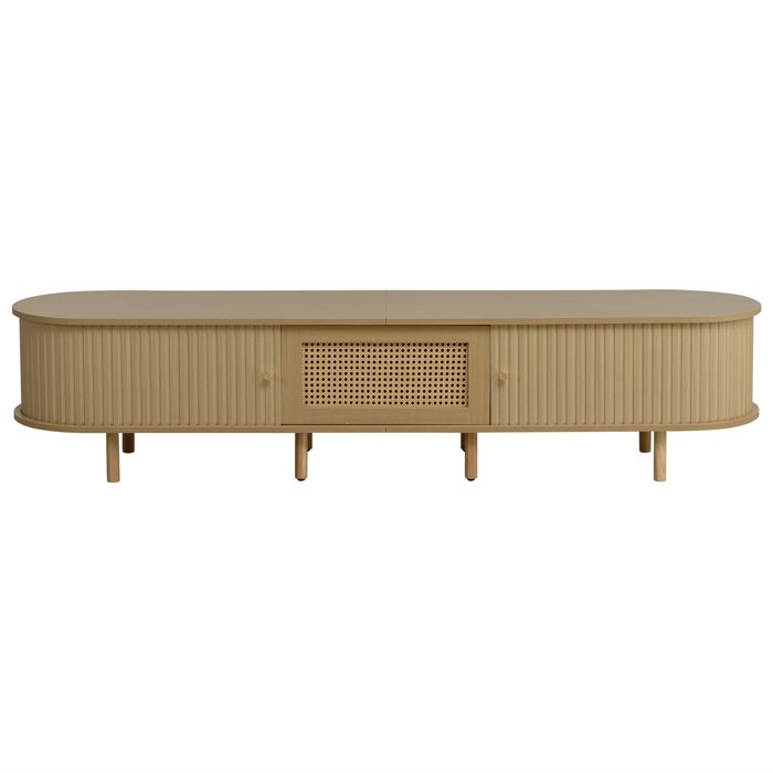 Meuble TV bas 180 cm en MDF – Plateau ovale portes coulissantes et tiroir – Bois clair
