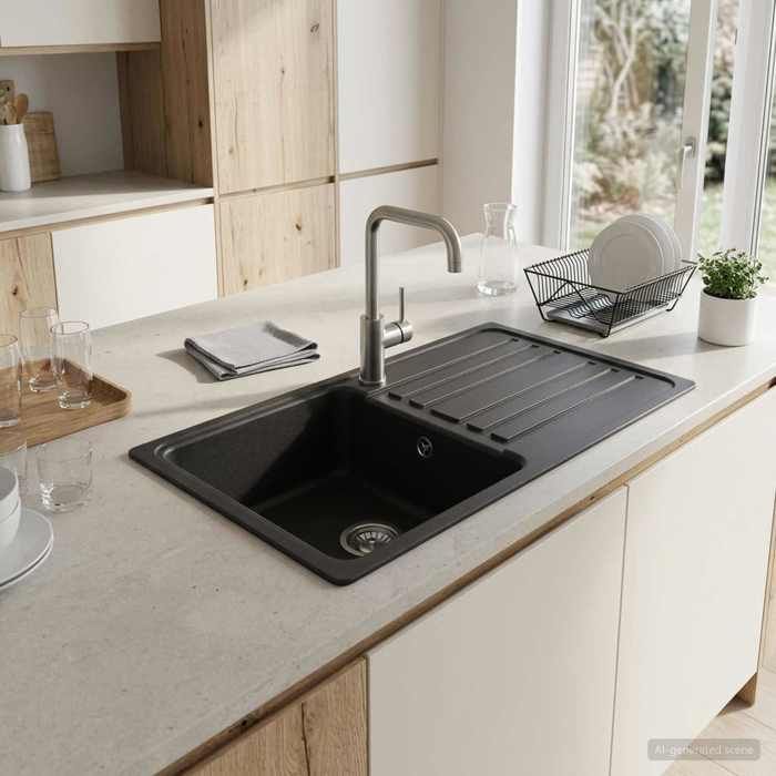 ELORAN®Évier de cuisine avec égouttoir Granit 76 5 cmx46 cmx28 cm - Bac à laver-Vasque Moderne_00616351