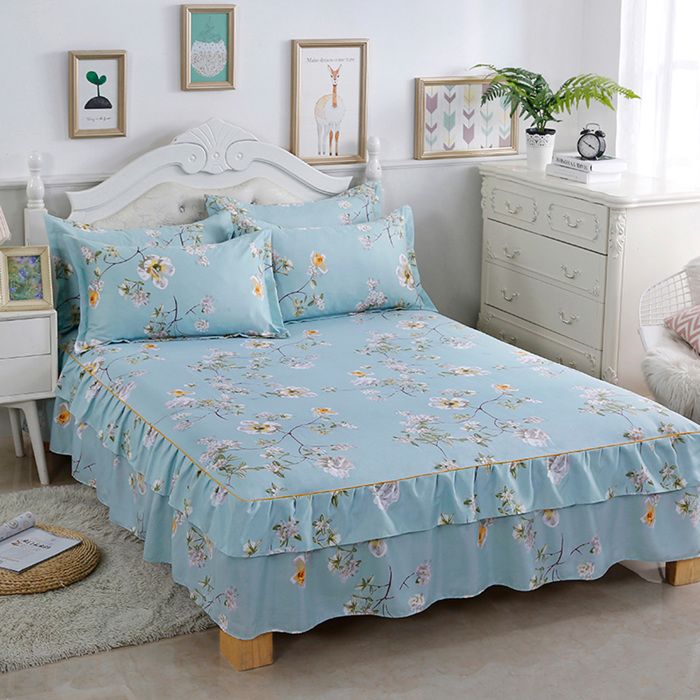 Ensemble literie 3 pièces drap-housse 180x200cm taies oreiller 48x74cm motif dentelle coton polyester .