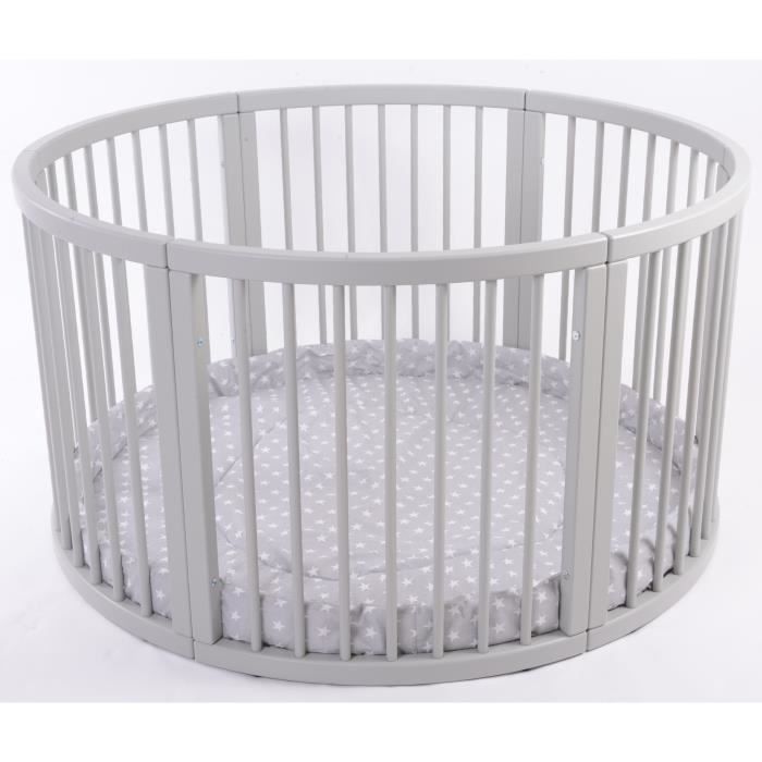 Parc Bebe Rond En Bois Vernis Gris Atlas Quattro Incluant Tapis Tour De Parc Gris A Etoiles Cdiscount Puericulture Eveil Bebe