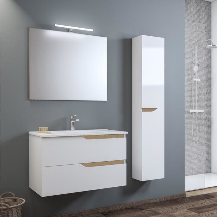 Base de salle de bain suspendue complète 102 cm avec vasque miroir et lampe LED GRACE2 blanche - Métal - Blanc
