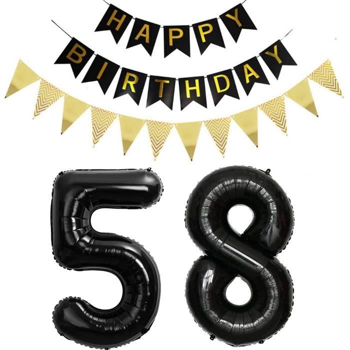 Ballons chiffre 58 noir, 58e anniversaire décoration femme homme noir