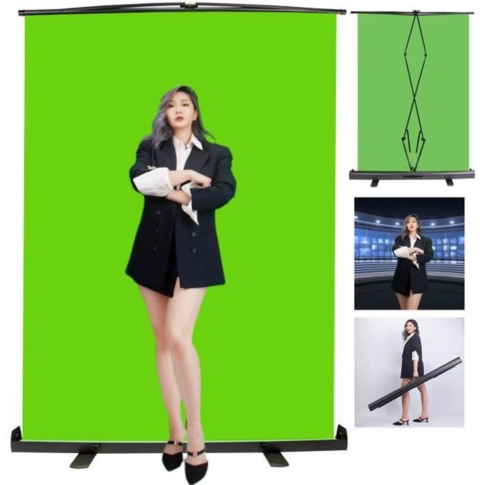 Fond Vert Rétractable 156x206cm, Green Screen Portable, Toile de Fond Vert Pliable avec Cadre Autobloquant pour Gaming Streaming etc