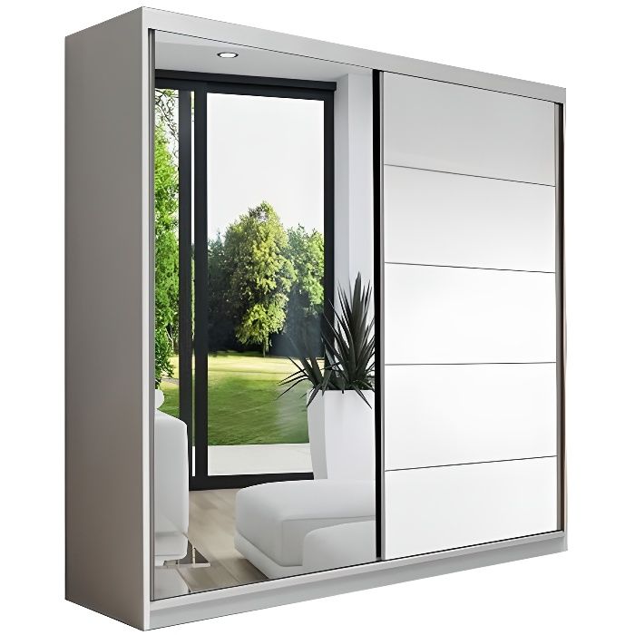Armoire de chambre avec miroir 2 portes coulissantes - Style contemporain - Blanc - L 150 cm -LARA 05