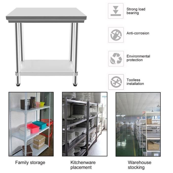 Table De Travail En Acier Inoxydable 2 Niveaux - Pieds Réglables - Capacité 400 Kg - 60x60x80 Cm - Pour Cuisine, Hôtel, Atelier