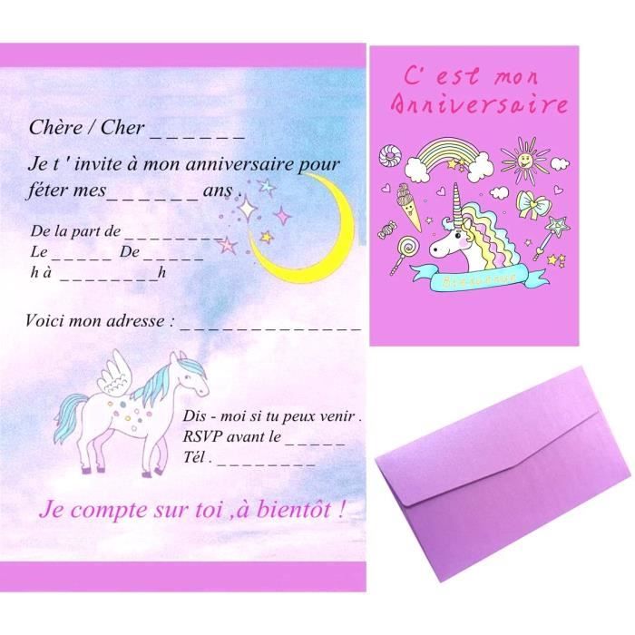 20 Licorne Invitations Anniversaire + 20 Enveloppes Texte kit