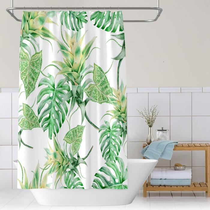 Rideau De Douche BOZKAA 180x200cm Imperméable Blanc Rose - Tissu Polyester Avec 12 Anneaux