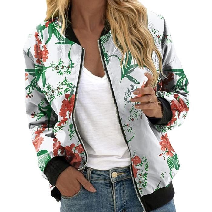 BLOUSON -Veste Sport Femme Chic et Elegant Blouson Moto Femme Pas Cher  Printemps Automne Fleur Impimé Léger Azur