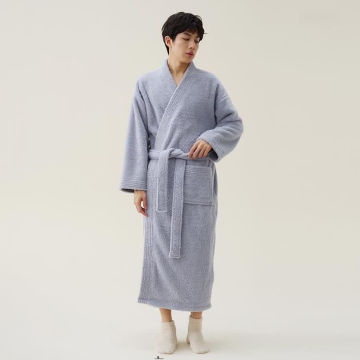 Robe De Chambre Homme En Peluche Col V Manches Longues Confortable Doux Chaud Hiver Couleur Unie 